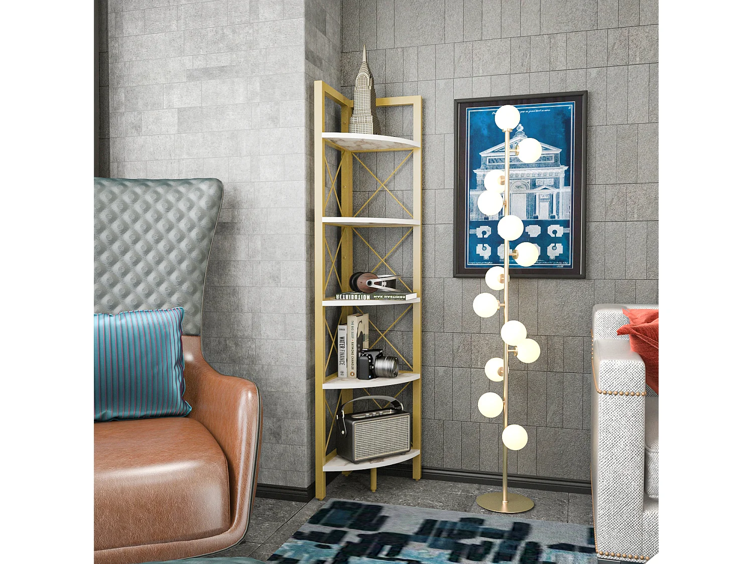 Bibliothèque d'angle Rémo cadre en métal 5-étagères (Effet marbre blanc et Doré)