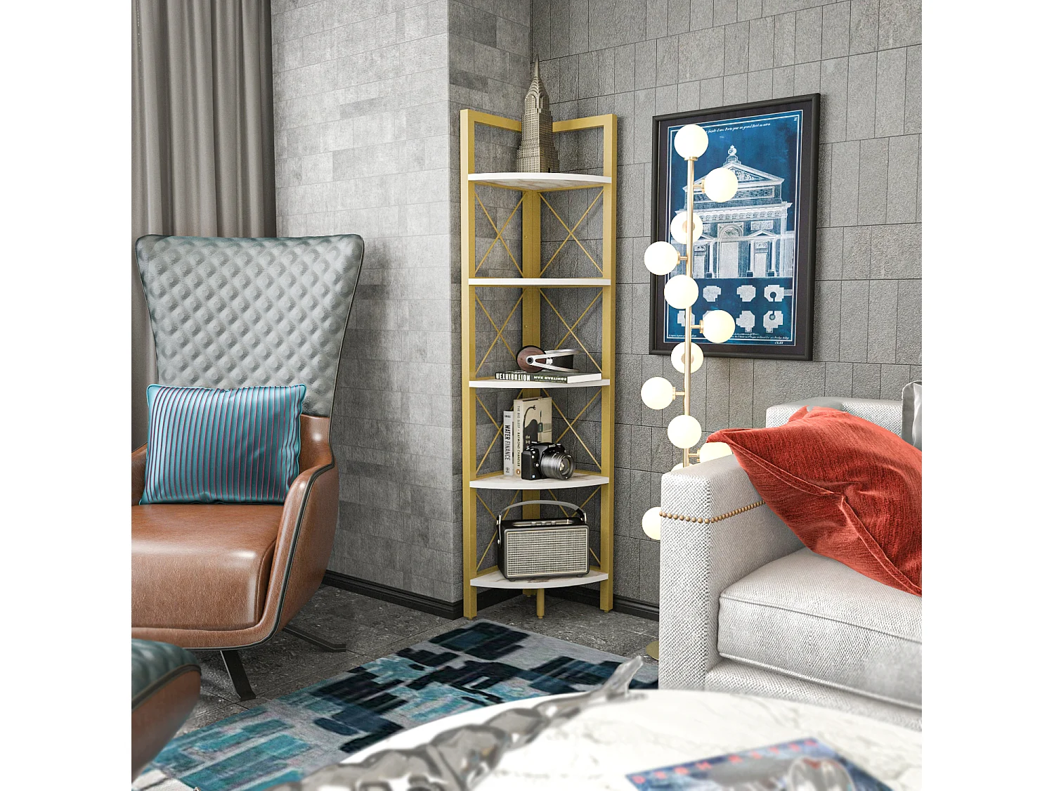 Bibliothèque d'angle Rémo cadre en métal 5-étagères (Effet marbre blanc et Doré)