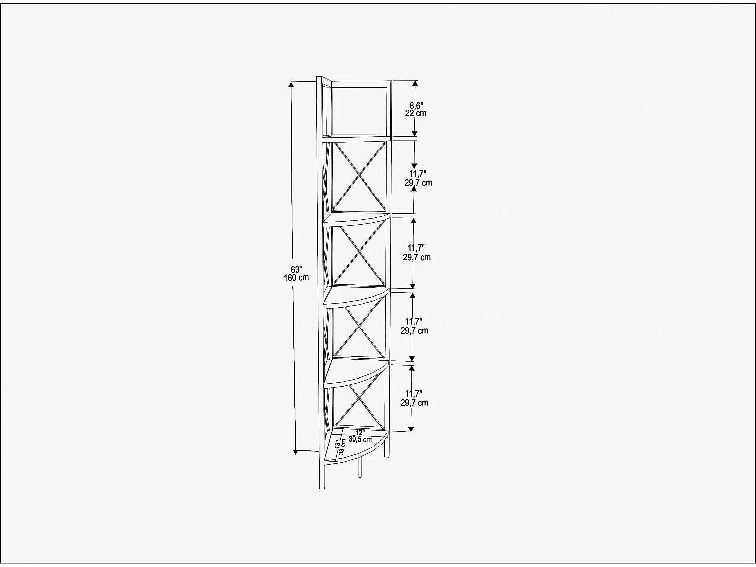 Decorotika Remo Corner Bookcase 5-tier Metal Frame - 160 cm H x 33 cm W x 30.5 cm D