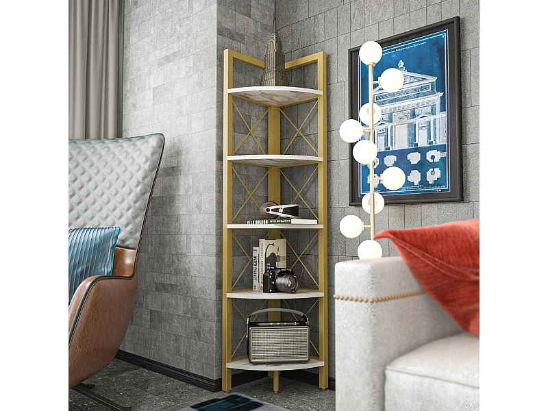 Bibliothèque d'angle Rémo cadre en métal 5-étagères (Effet marbre blanc et Doré)