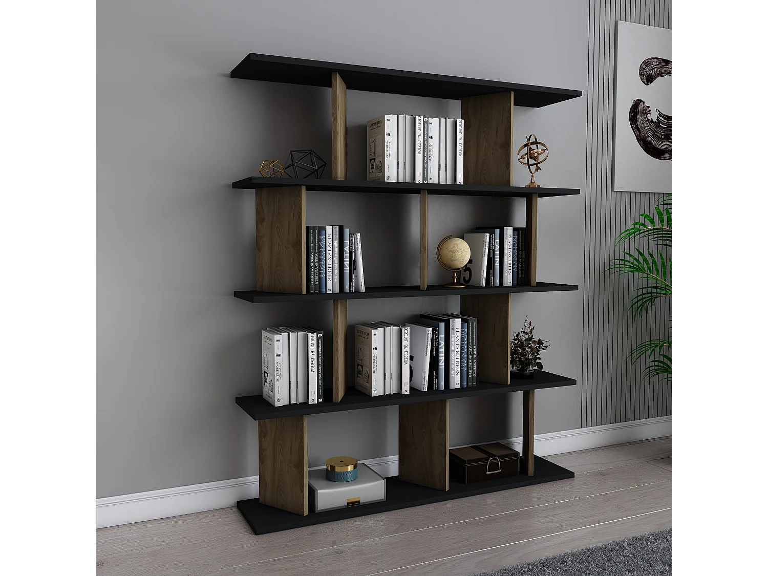 Bibliothèque modern Grace 5-étagères design chic et durable (Noir et Oud)