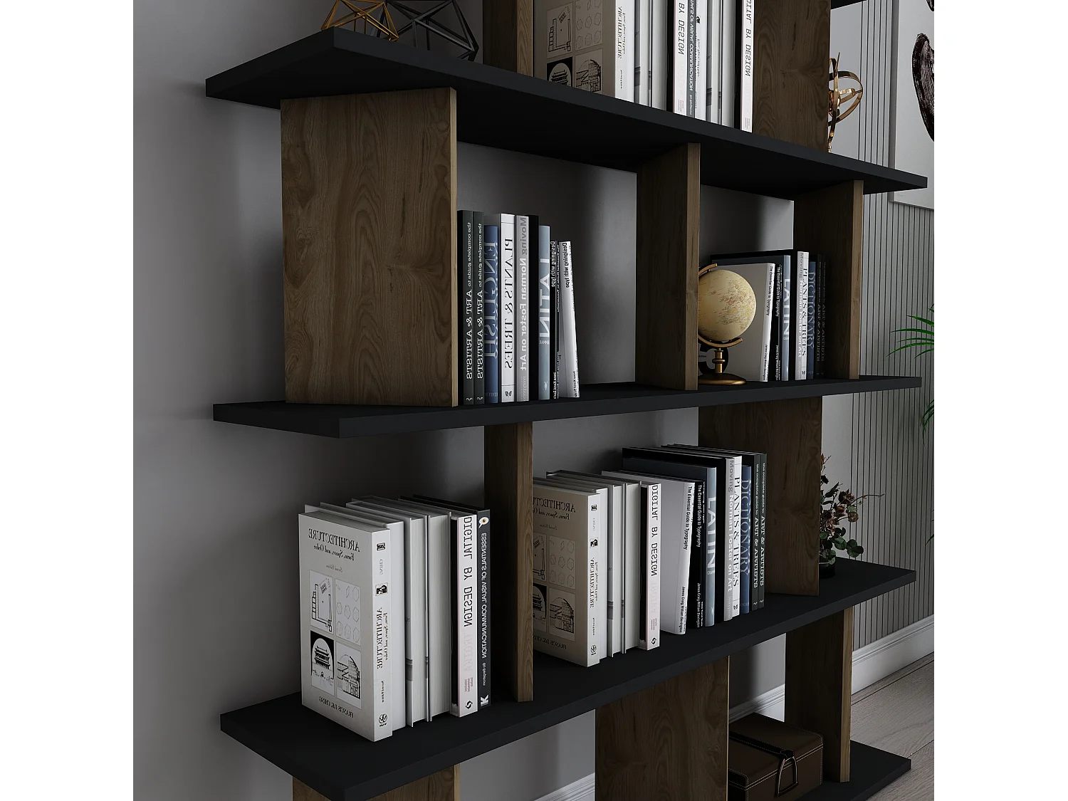 Bibliothèque modern Grace 5-étagères design chic et durable (Noir et Oud)