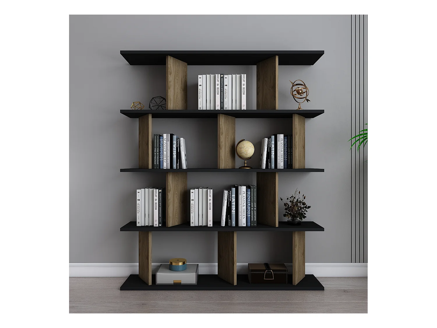 Bibliothèque modern Grace 5-étagères design chic et durable (Noir et Oud)