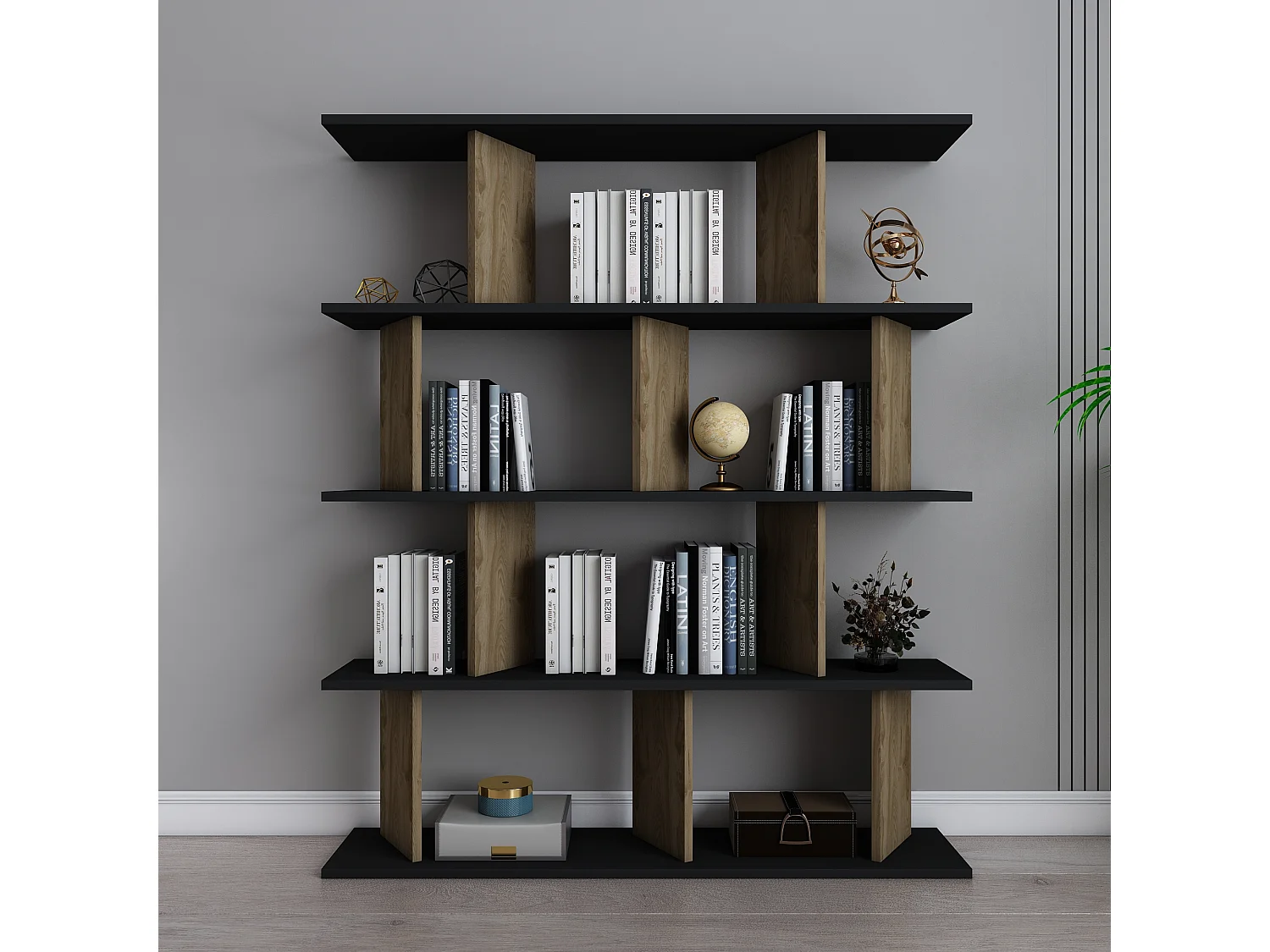 Bibliothèque modern Grace 5-étagères design chic et durable (Noir et Oud)