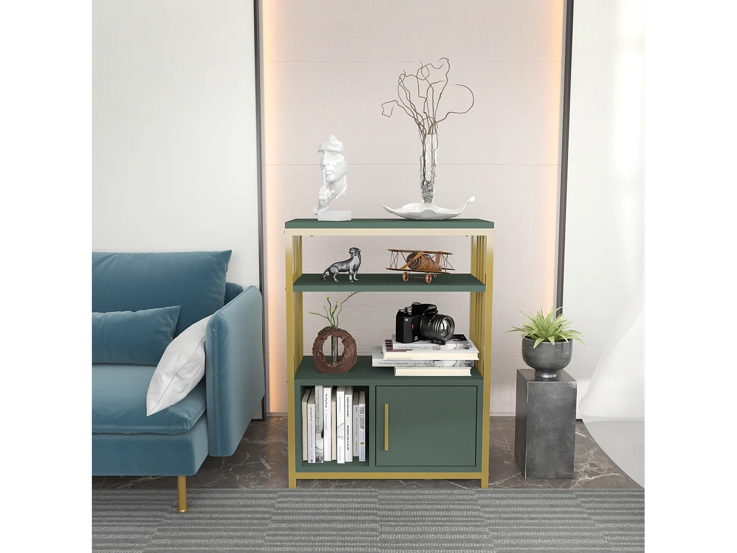 Bibliothèque Letos avec le cadre en métal et armoire, design stylistique (Vert et Doré)