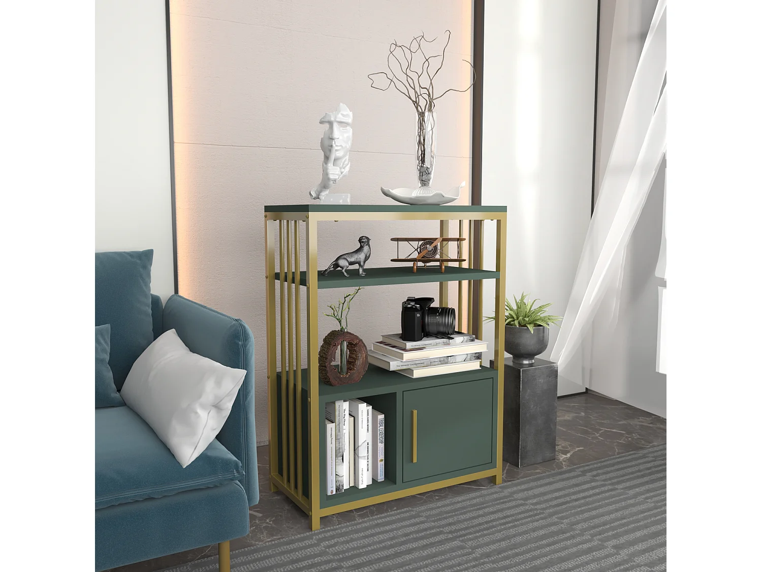 Bibliothèque Letos avec le cadre en métal et armoire, design stylistique (Vert et Doré)