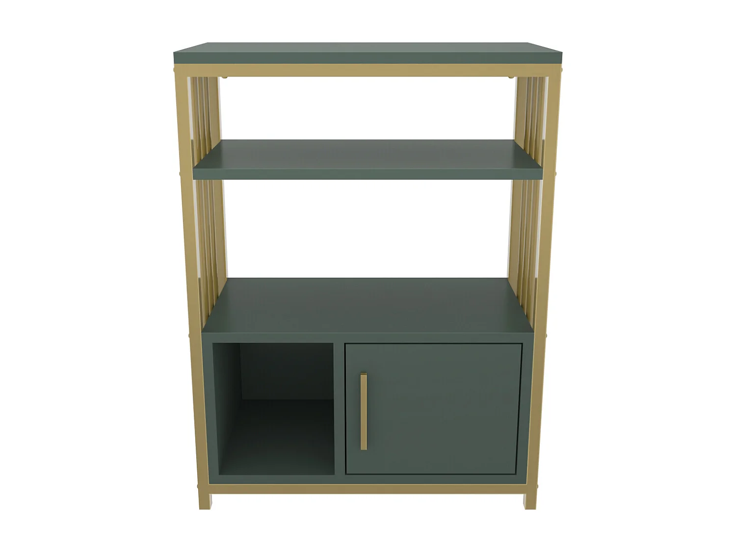 Bibliothèque Letos avec le cadre en métal et armoire, design stylistique (Vert et Doré)