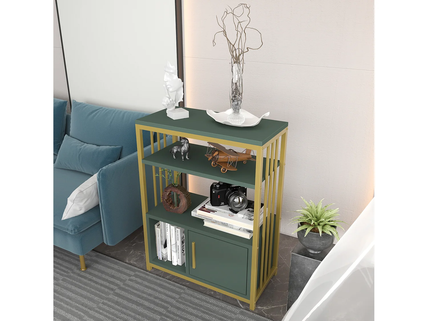 Bibliothèque Letos avec le cadre en métal et armoire, design stylistique (Vert et Doré)