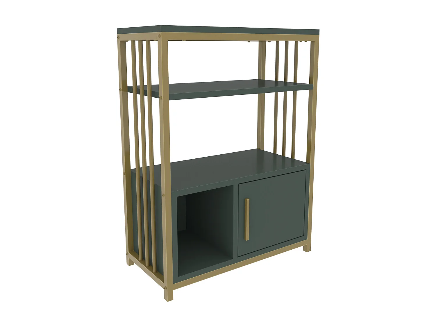 Bibliothèque Letos avec le cadre en métal et armoire, design stylistique (Vert et Doré)