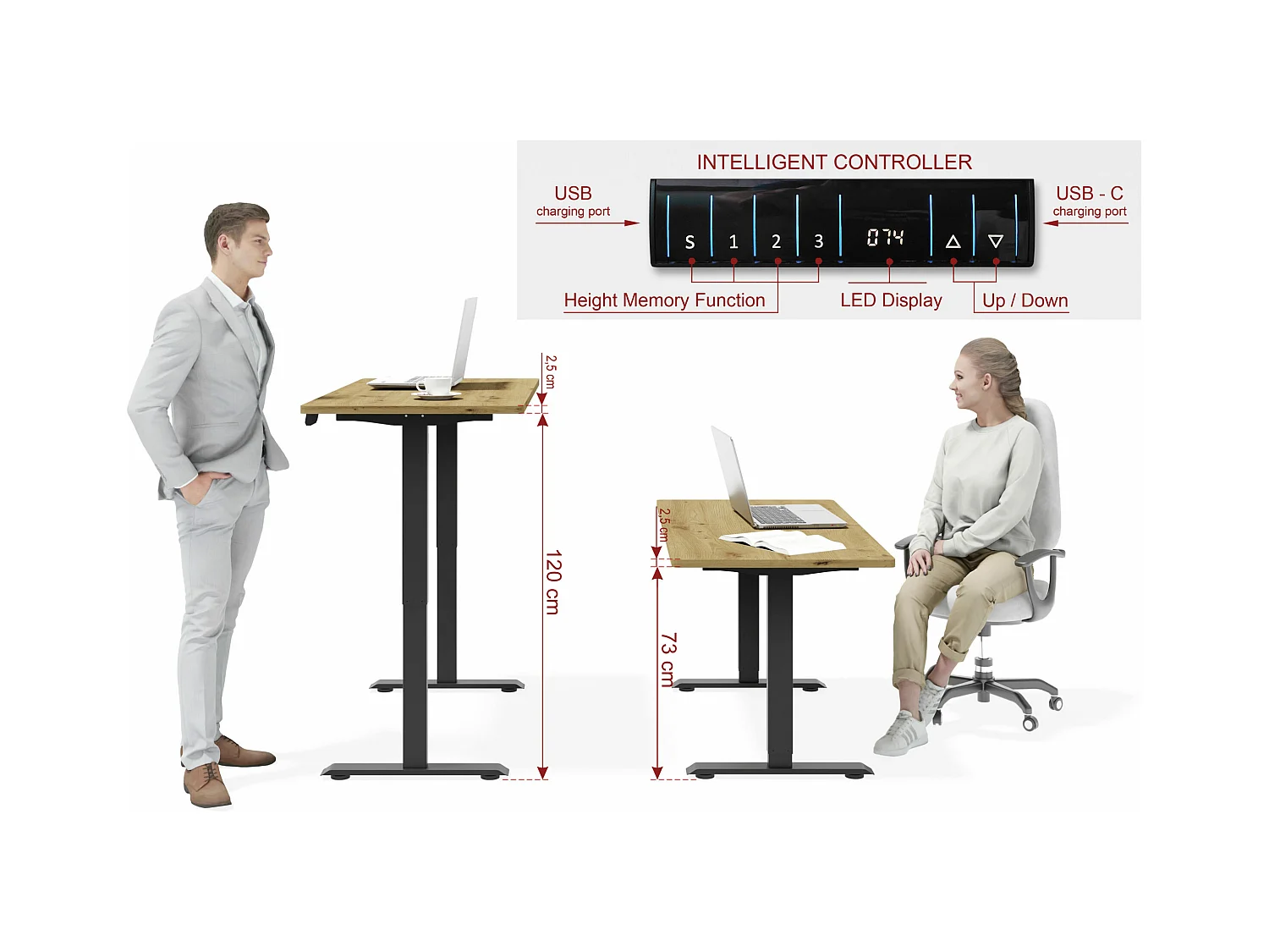 Bureau réglable BIM Natural Desk placage chêne 140x70x3 noir/chêne
