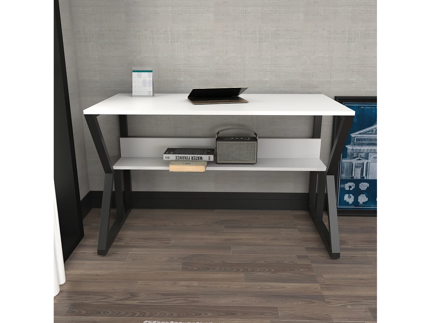 Bureau le cadre en métal et étagère secrète 120 cm (noir et blanc)