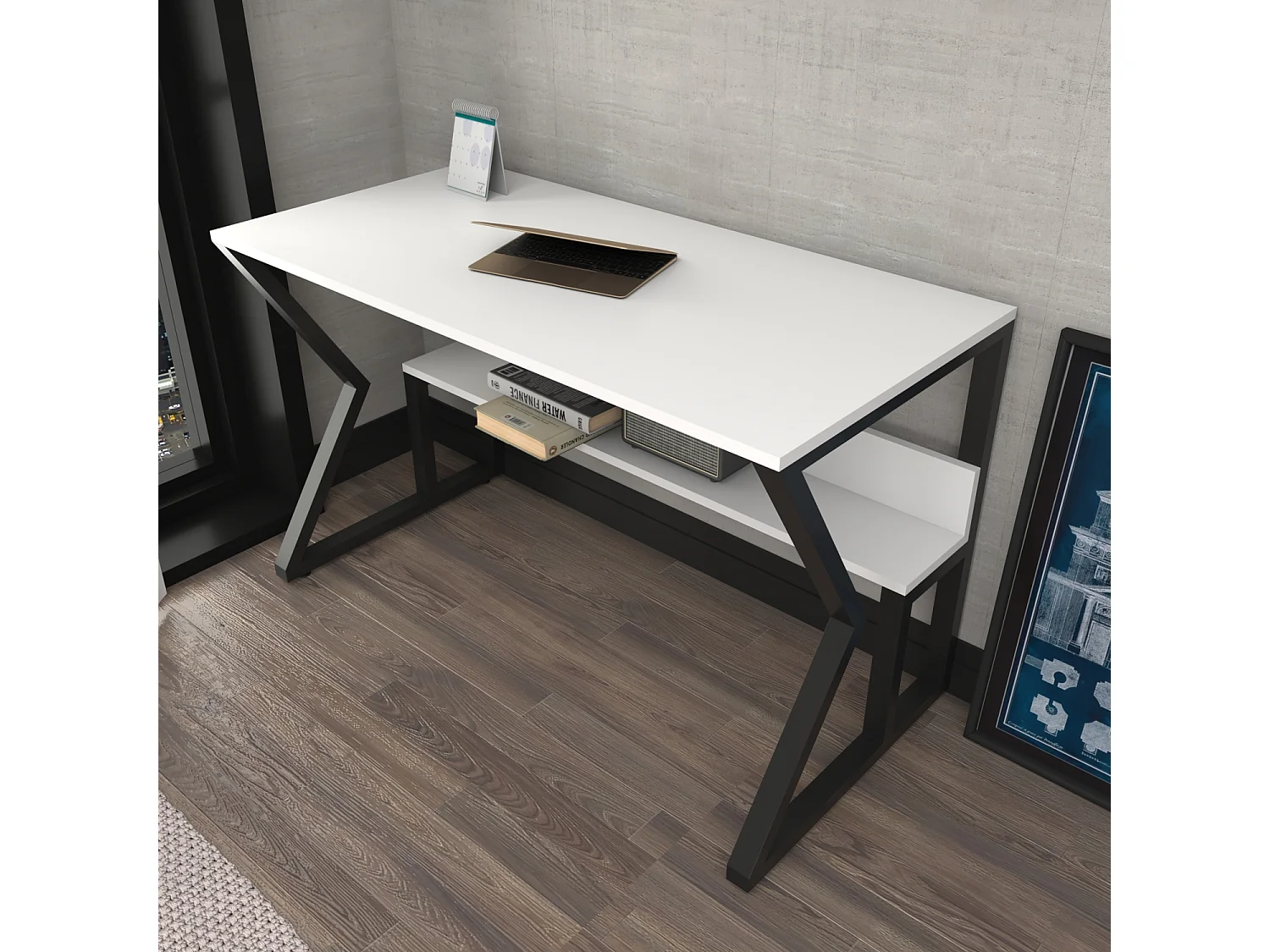 Bureau le cadre en métal et étagère secrète 120 cm (noir et blanc)