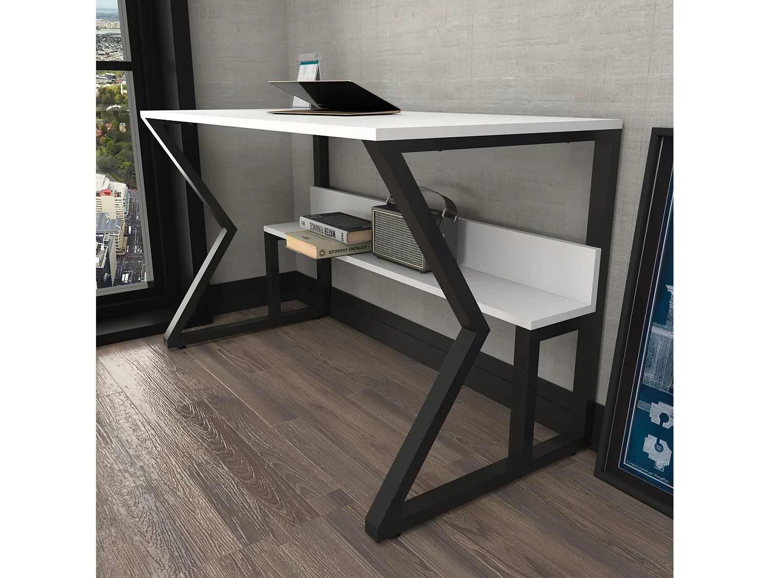 Bureau le cadre en métal et étagère secrète 120 cm (noir et blanc)