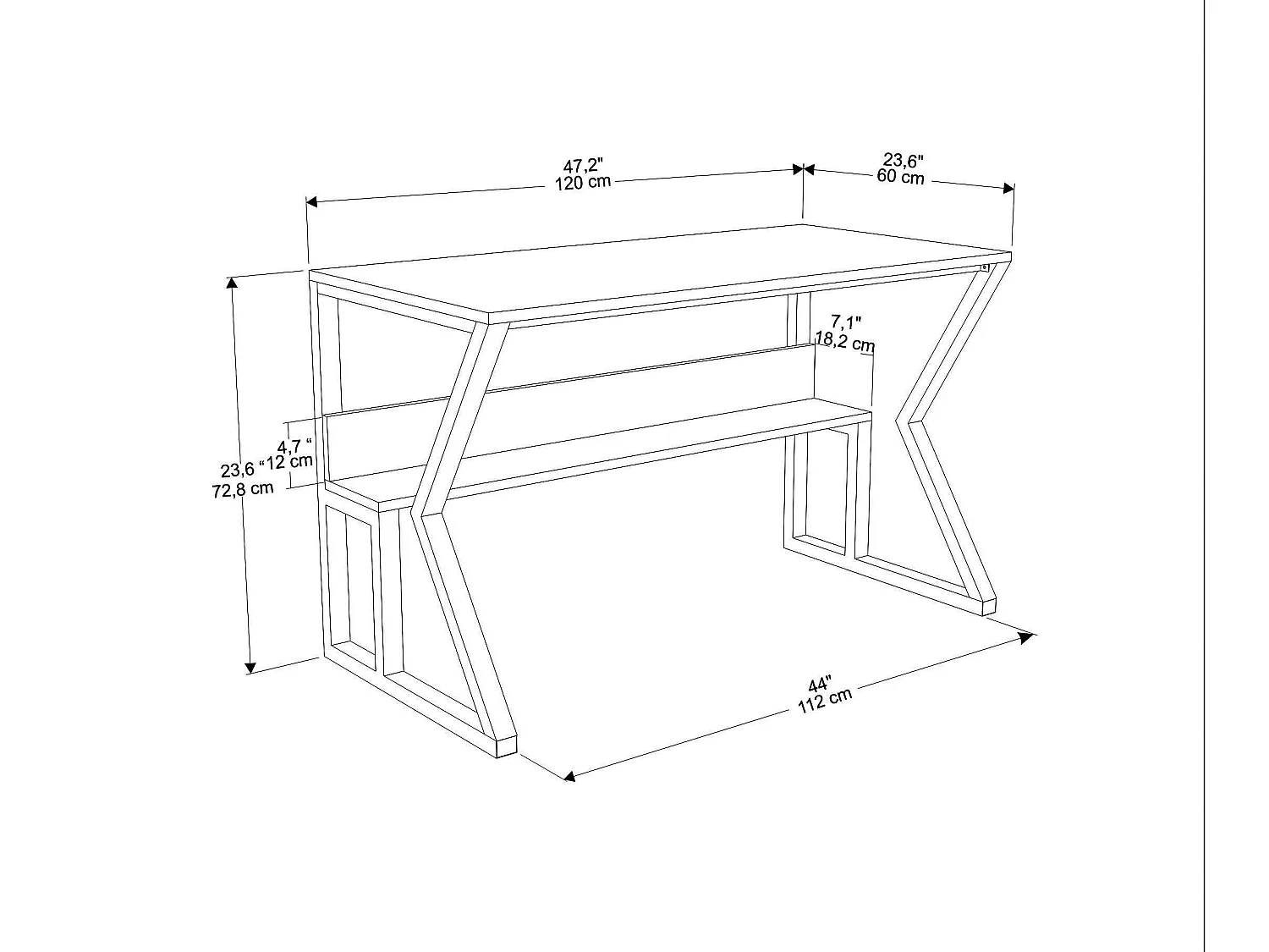 Bureau le cadre en métal et étagère secrète 120 cm (noir et blanc)
