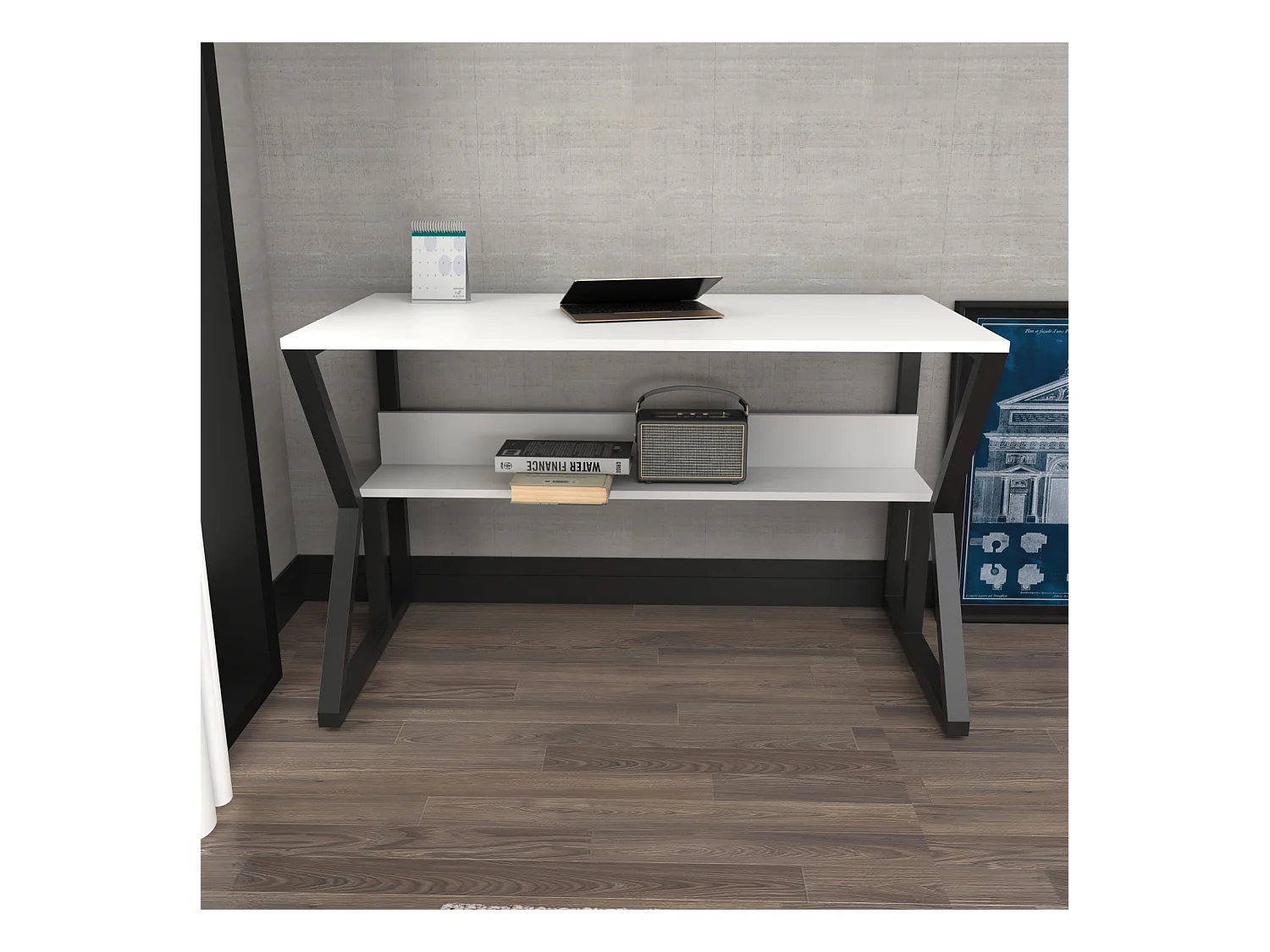 Bureau le cadre en métal et étagère secrète 120 cm (noir et blanc)
