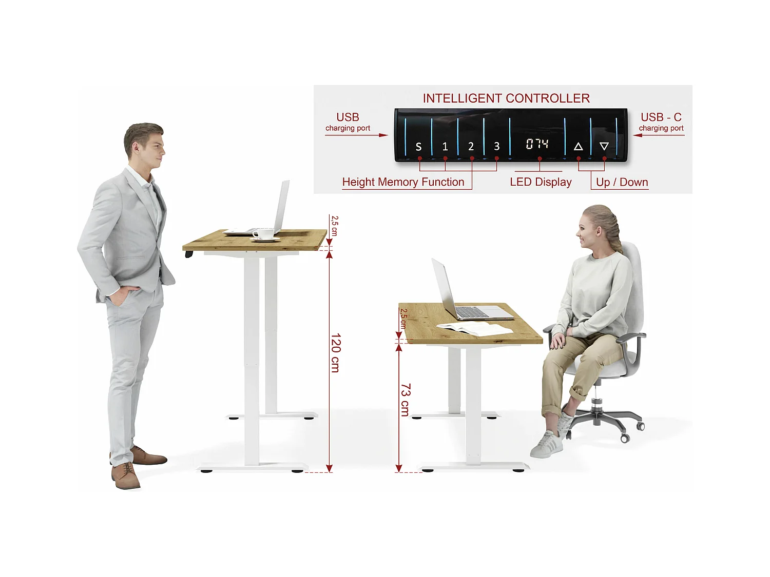 Bureau réglable BIM Natural Desk placage chêne 120x65x3 blanc/chêne