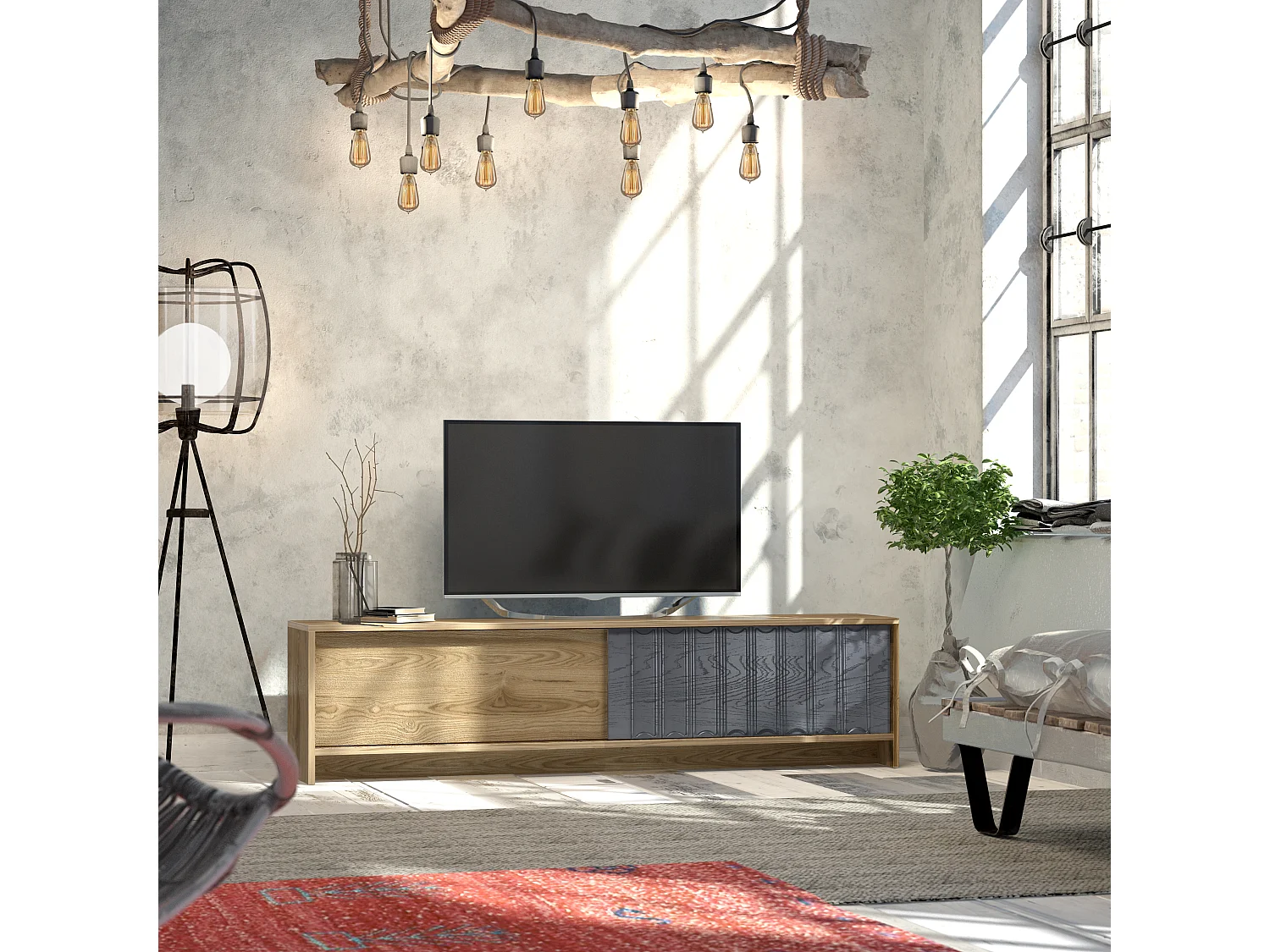 Meuble TV New York de 180 cm Portes Coulissantes (Oud et Anthracite)