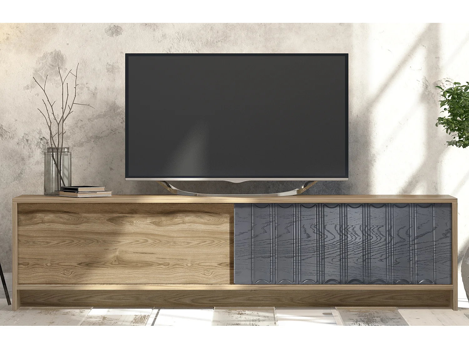 Meuble TV New York de 180 cm Portes Coulissantes (Oud et Anthracite)