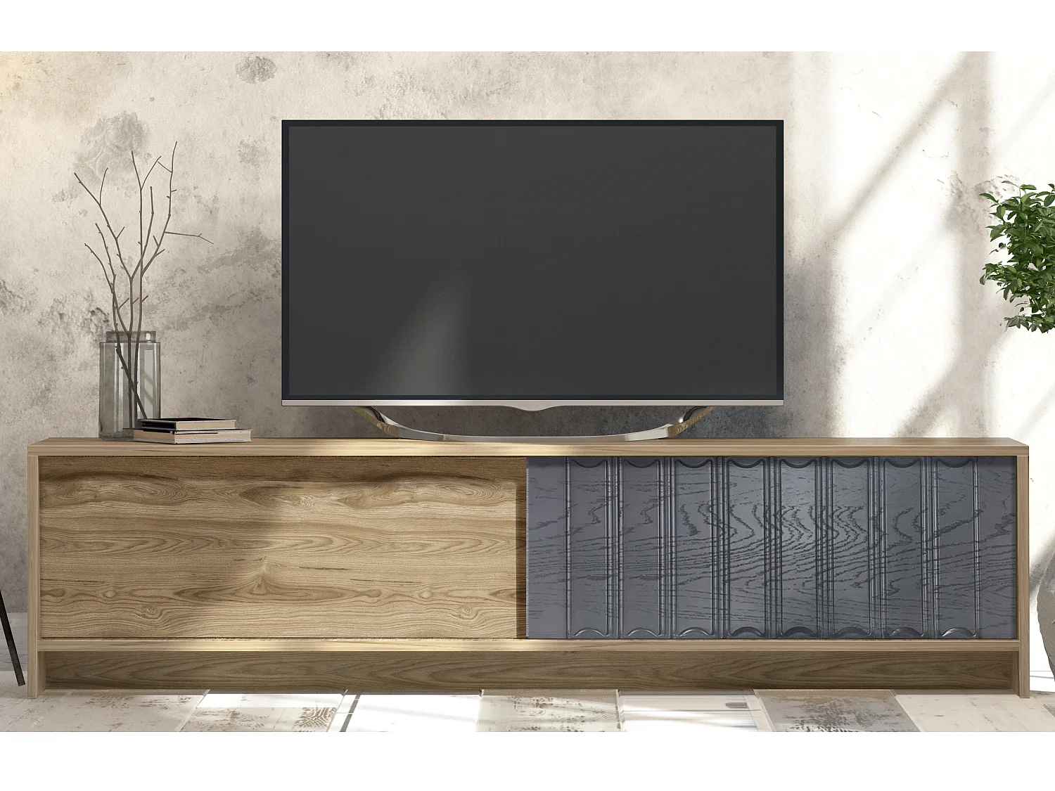 Meuble TV New York de 180 cm Portes Coulissantes (Oud et Anthracite)