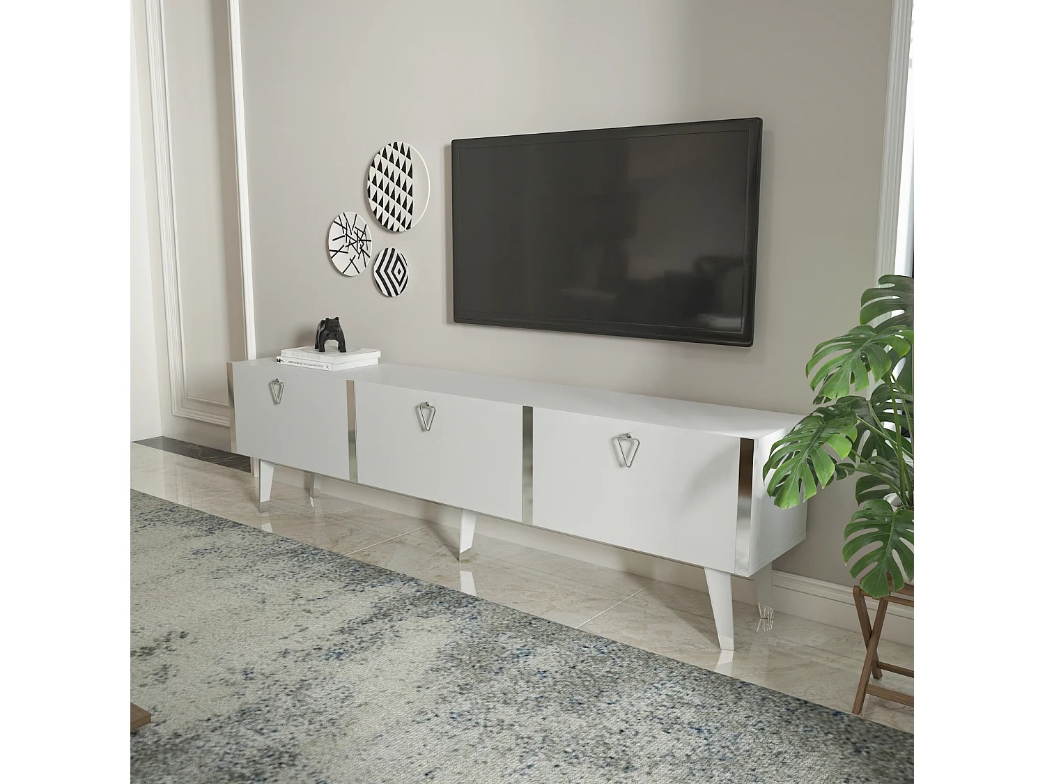 Meuble TV Milagro 180 cm Armoires Abattants Design Chic à 5 Pieds (Blanc et Argent)