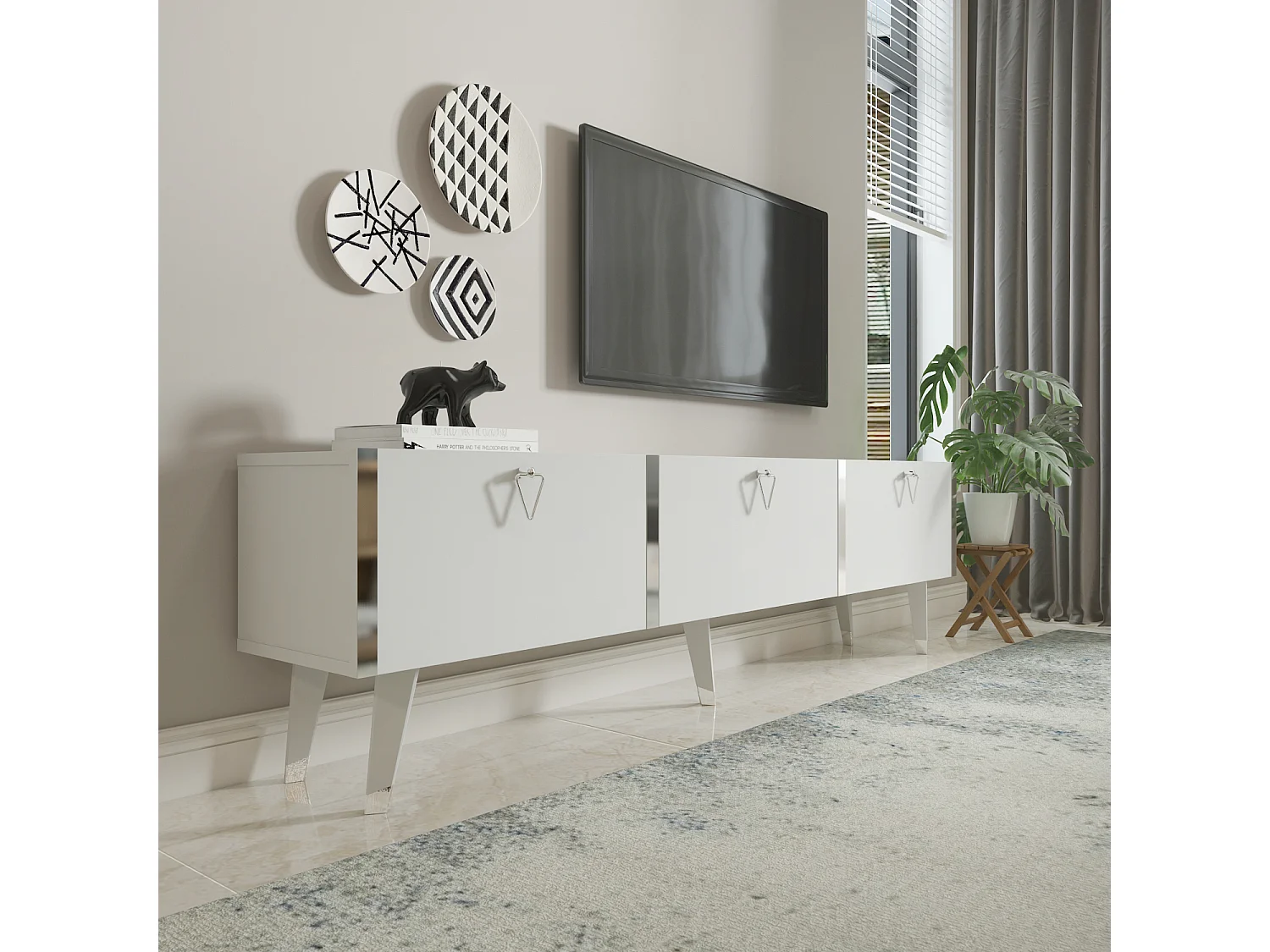 Meuble TV Milagro 180 cm Armoires Abattants Design Chic à 5 Pieds (Blanc et Argent)