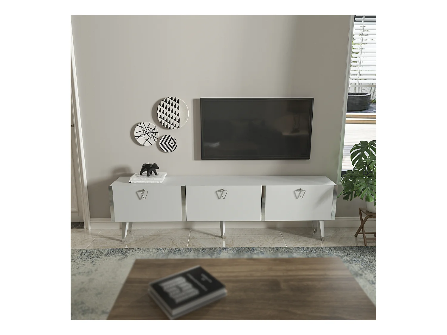 Meuble TV Milagro 180 cm Armoires Abattants Design Chic à 5 Pieds (Blanc et Argent)