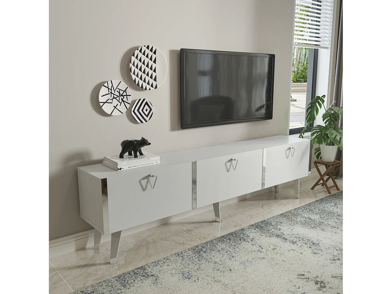Meuble TV Milagro 180 cm Armoires Abattants Design Chic à 5 Pieds (Blanc et Argent)