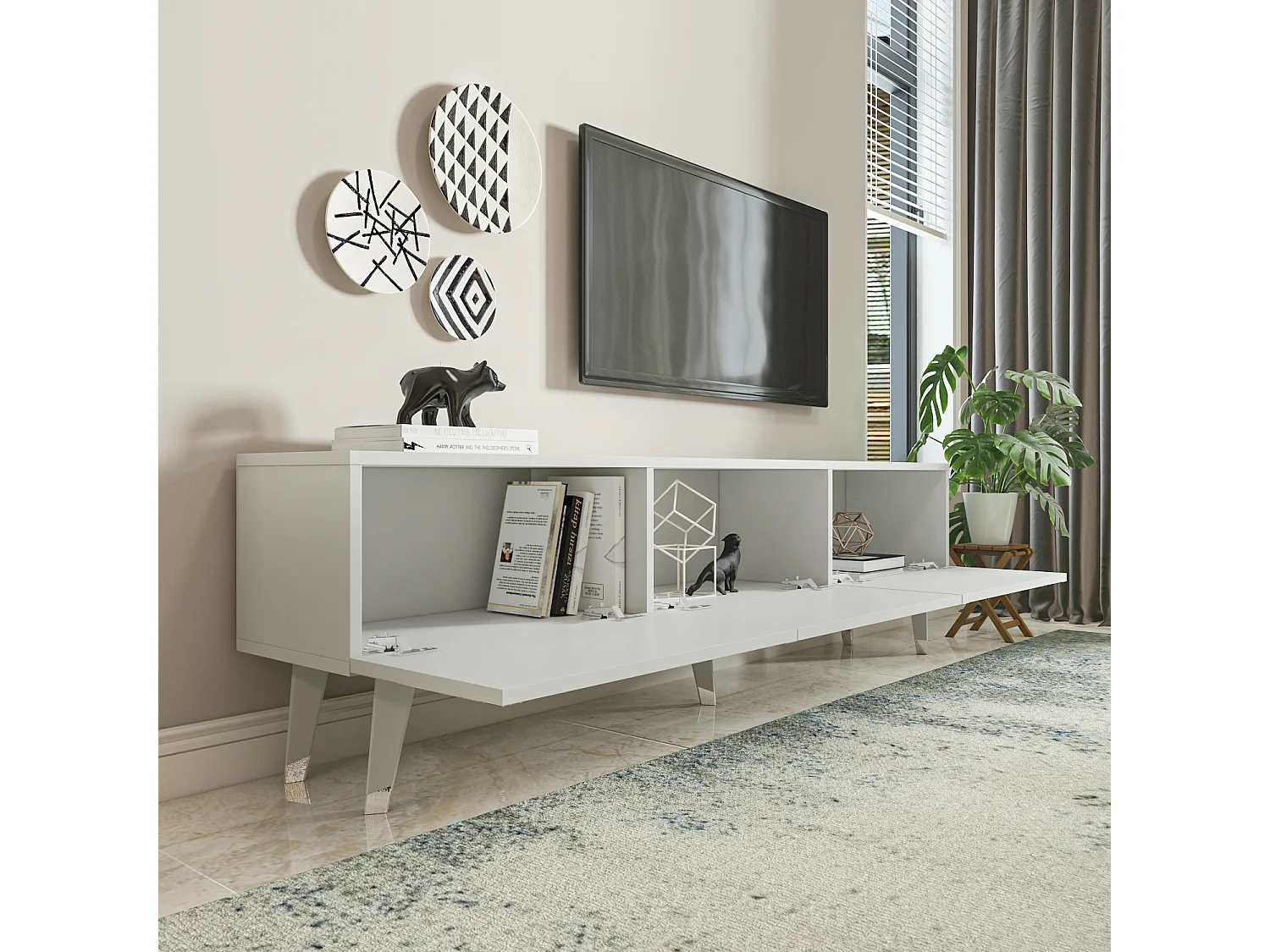 Meuble TV Milagro 180 cm Armoires Abattants Design Chic à 5 Pieds (Blanc et Argent)