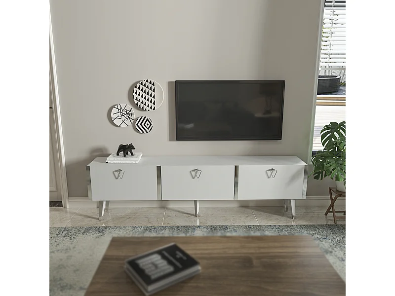Meuble TV Milagro 180 cm Armoires Abattants Design Chic à 5 Pieds (Blanc et Argent)