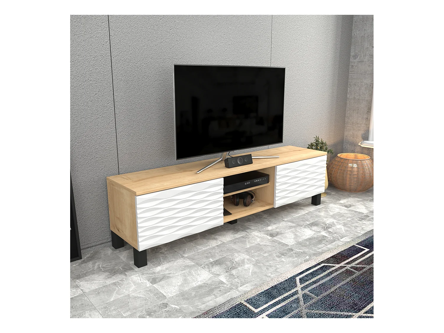 Meuble TV Lukas de 150 cm avec Armoires et Etagères Ouvertes (Chêne et blanc)