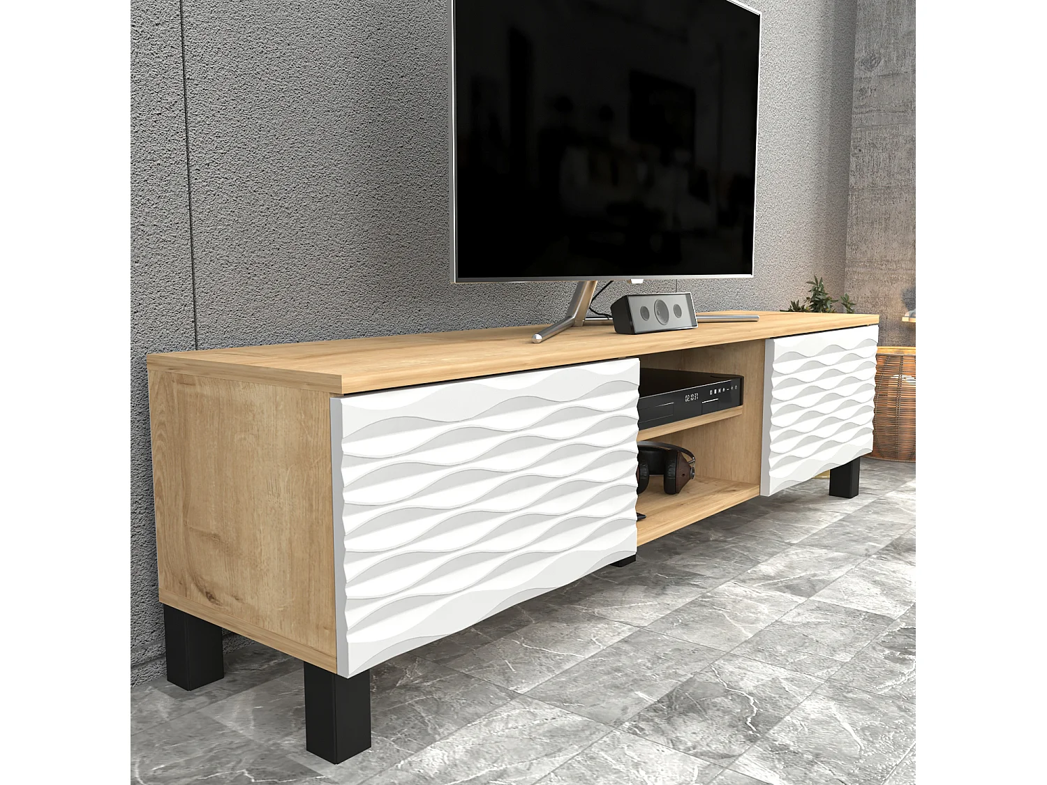 Meuble TV Lukas de 150 cm avec Armoires et Etagères Ouvertes (Chêne et blanc)