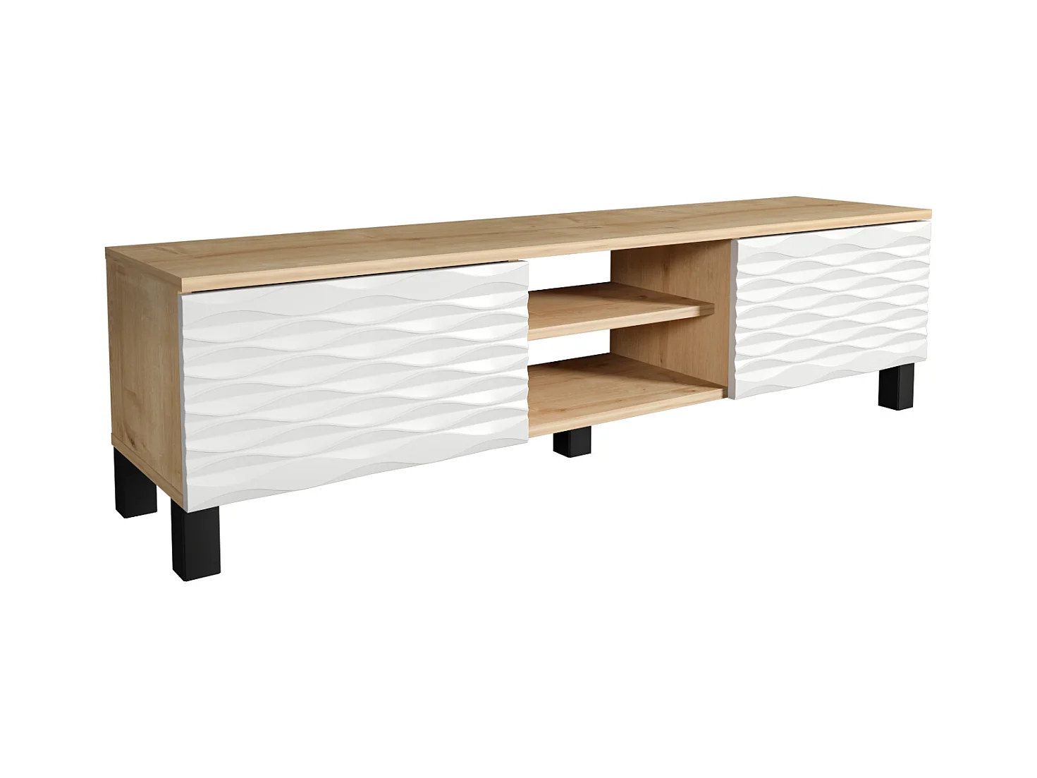 Meuble TV Lukas de 150 cm avec Armoires et Etagères Ouvertes (Chêne et blanc)