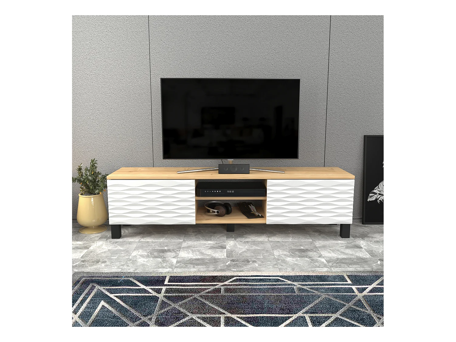 Meuble TV Lukas de 150 cm avec Armoires et Etagères Ouvertes (Chêne et blanc)
