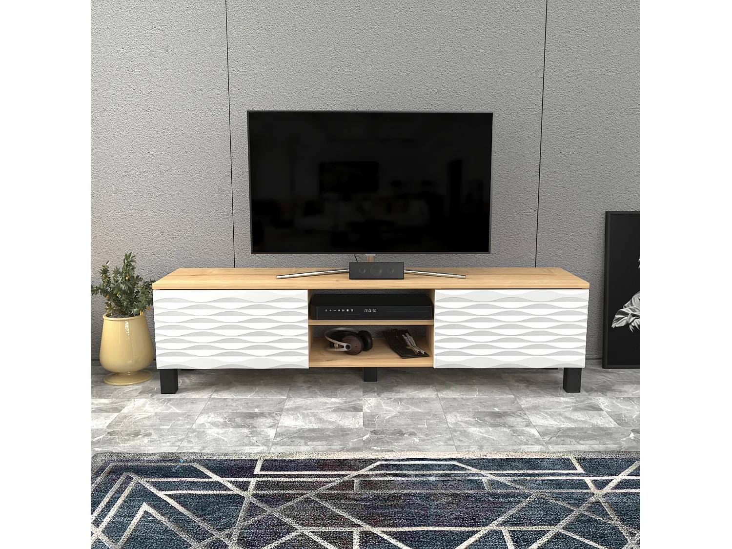 Meuble TV Lukas de 150 cm avec Armoires et Etagères Ouvertes (Chêne et blanc)