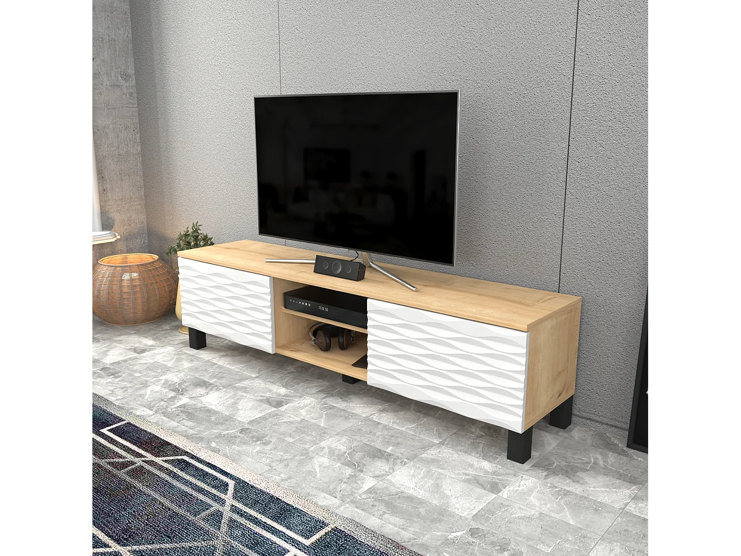 Meuble TV Lukas de 150 cm avec Armoires et Etagères Ouvertes (Chêne et blanc)