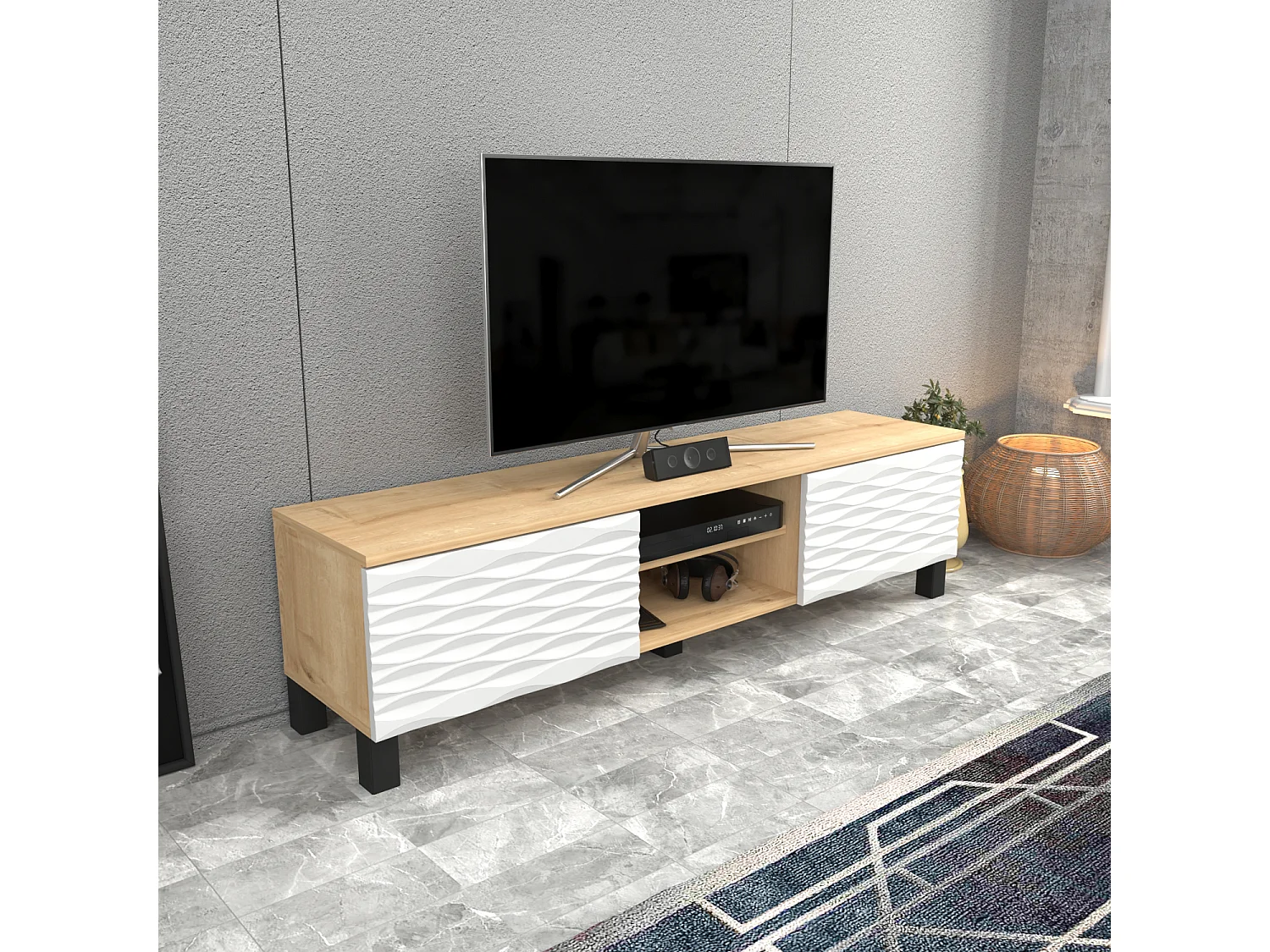 Meuble TV Lukas de 150 cm avec Armoires et Etagères Ouvertes (Chêne et blanc)