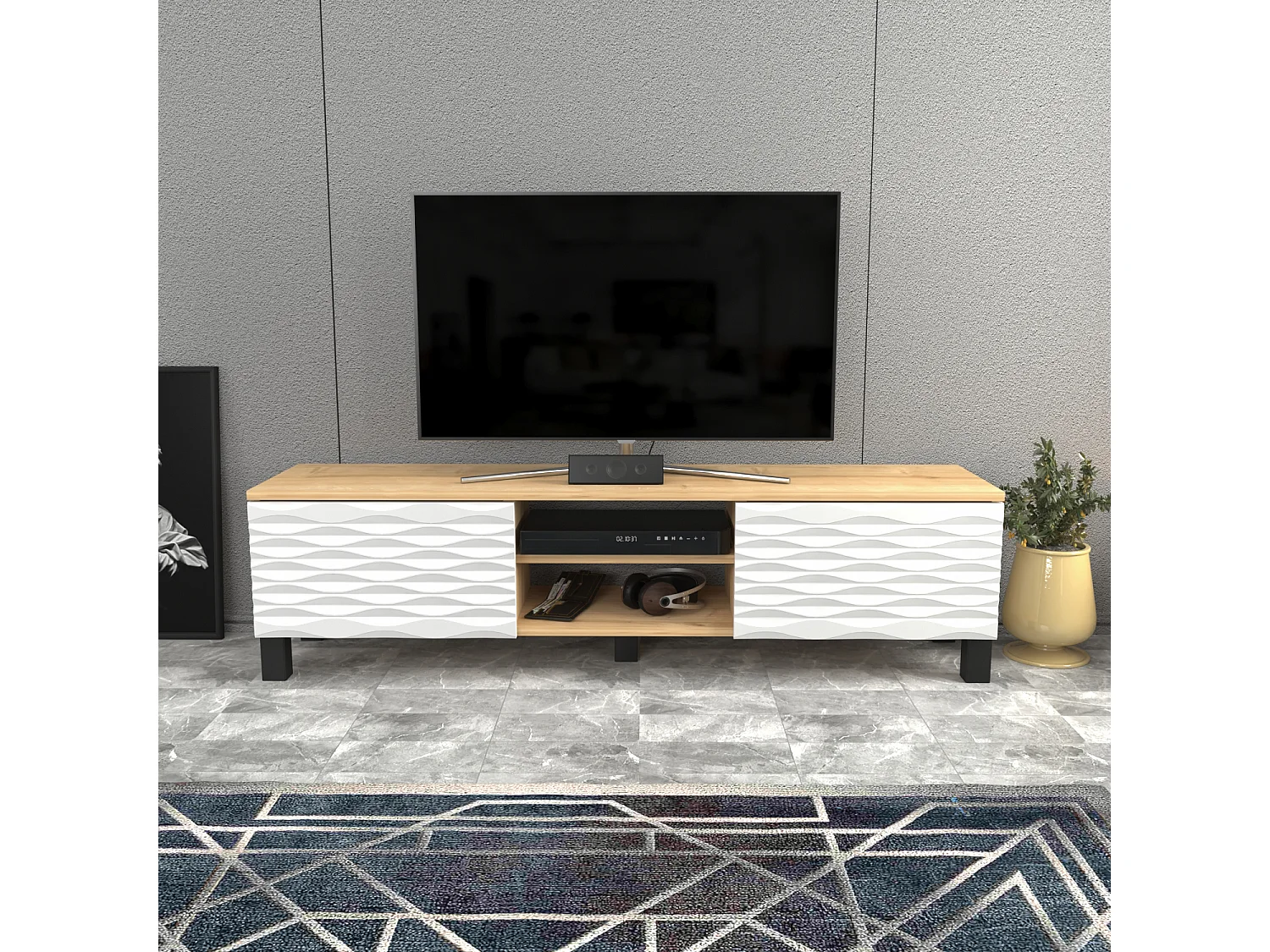 Meuble TV Lukas de 150 cm avec Armoires et Etagères Ouvertes (Chêne et blanc)