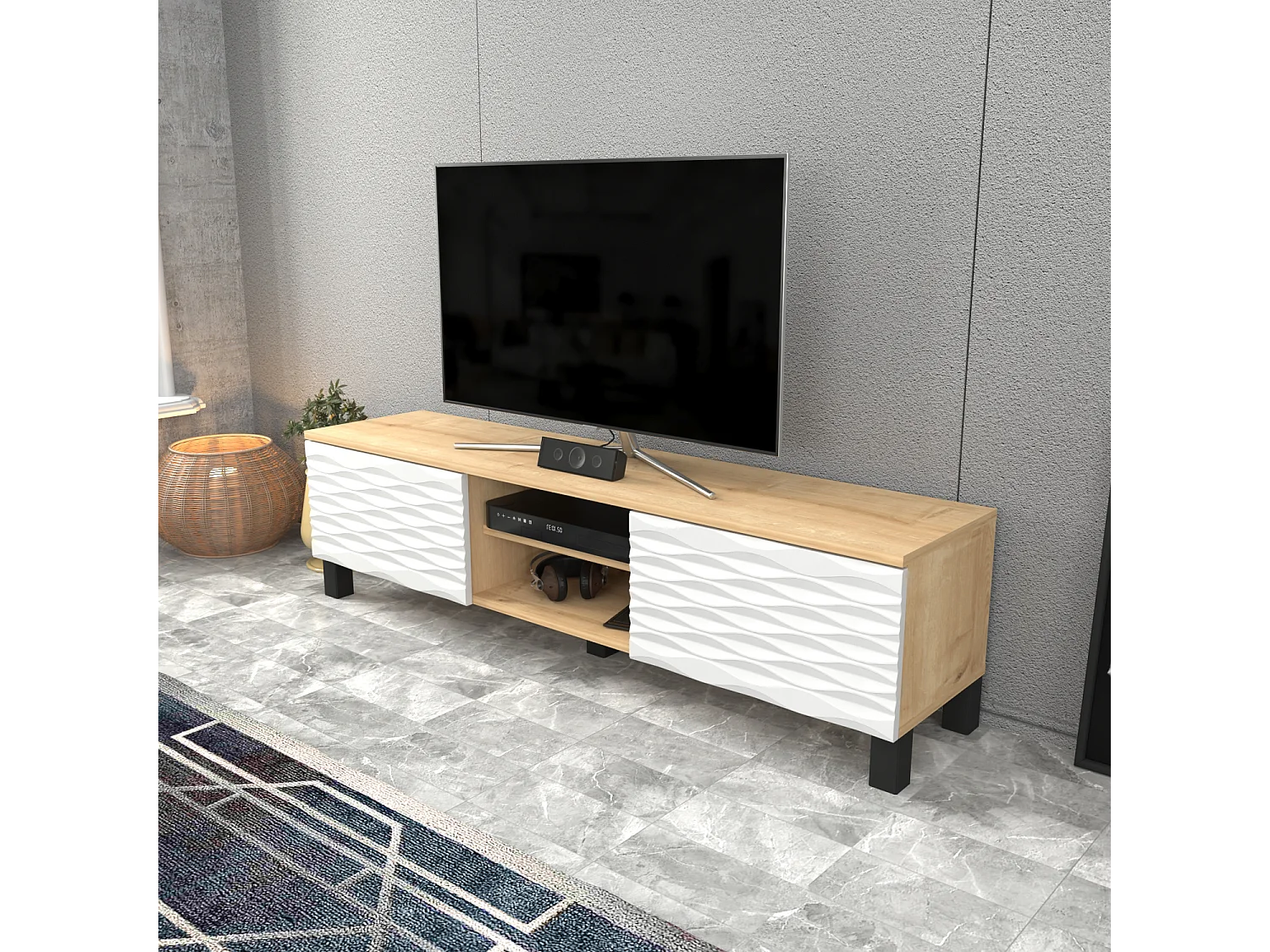 Meuble TV Lukas de 150 cm avec Armoires et Etagères Ouvertes (Chêne et blanc)