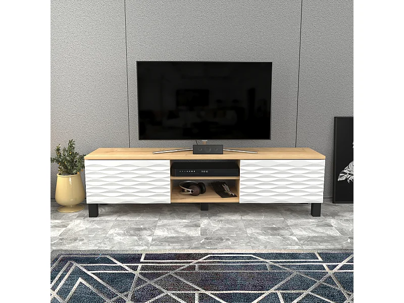 Meuble TV Lukas de 150 cm avec Armoires et Etagères Ouvertes (Chêne et blanc)