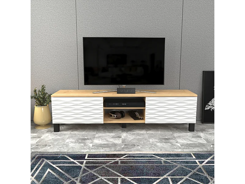 Meuble TV Lukas de 150 cm avec Armoires et Etagères Ouvertes (Chêne et blanc)