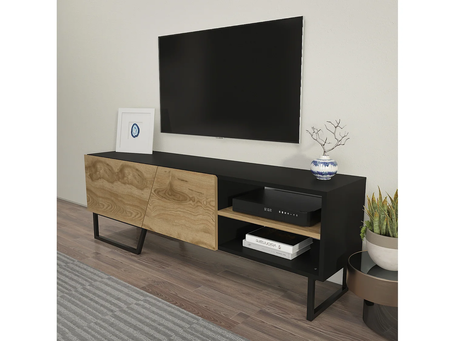 Meuble TV Denasse 150 cm, pied en métal, placards et étagères (Noir et Oud)