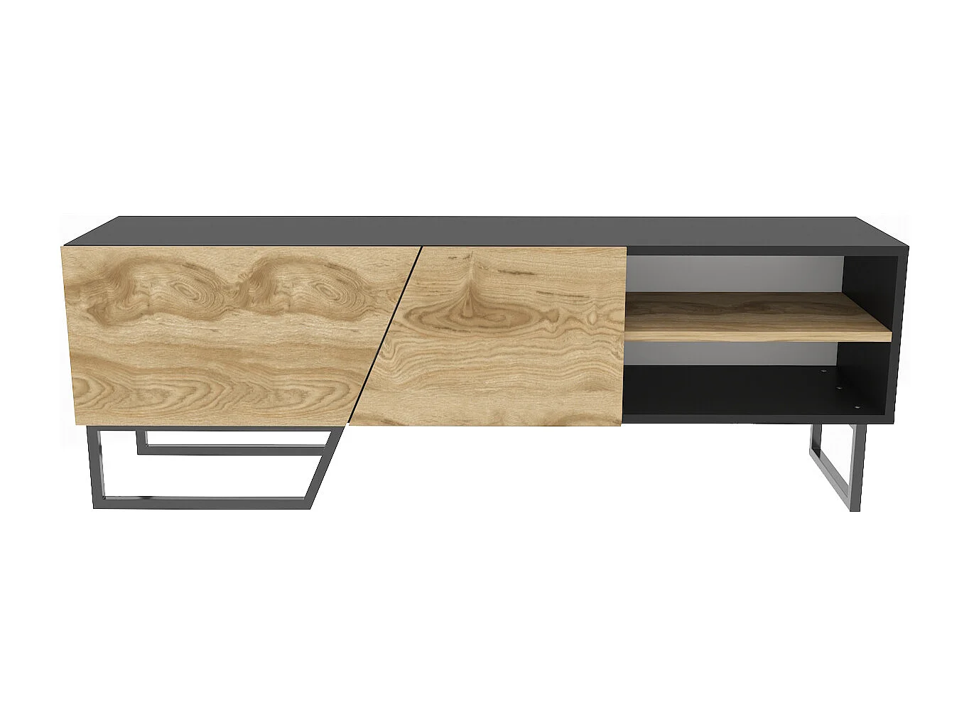 Meuble TV Denasse 150 cm, pied en métal, placards et étagères (Noir et Oud)