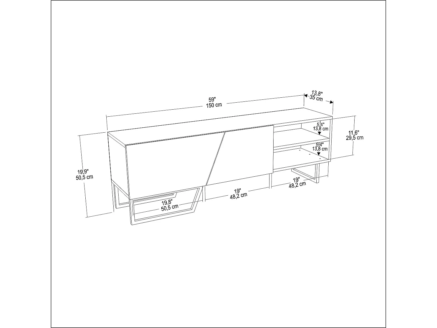 Meuble TV Denasse 150 cm, pied en métal, placards et étagères (Noir et Oud)
