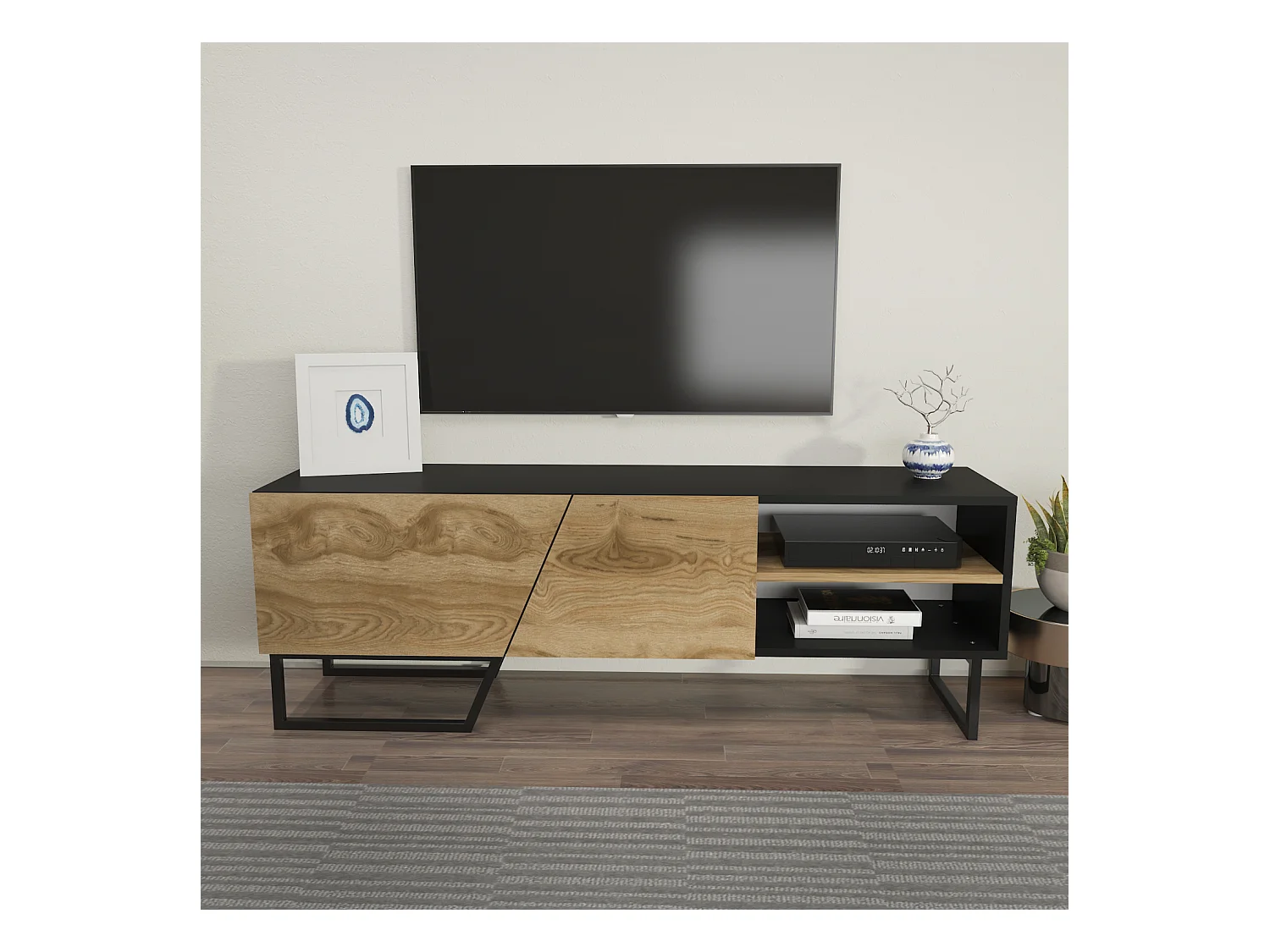 Meuble TV Denasse 150 cm, pied en métal, placards et étagères (Noir et Oud)