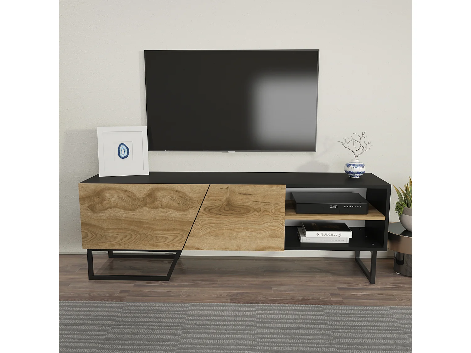 Meuble TV Denasse 150 cm, pied en métal, placards et étagères (Noir et Oud)