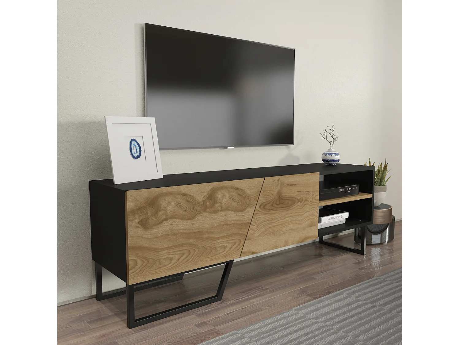 Meuble TV Denasse 150 cm, pied en métal, placards et étagères (Noir et Oud)