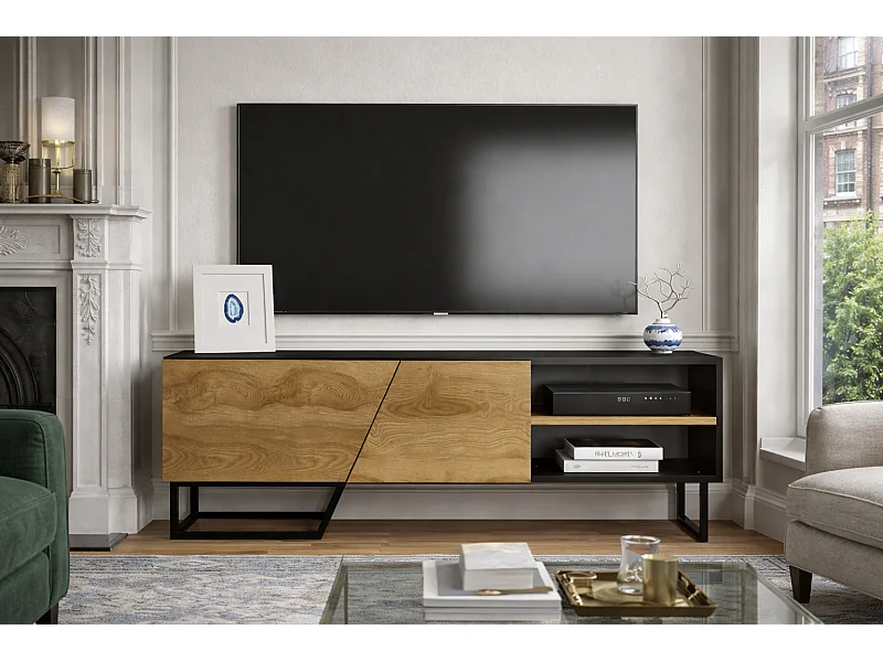 Meuble TV Denasse 150 cm, pied en métal, placards et étagères (Noir et Oud)