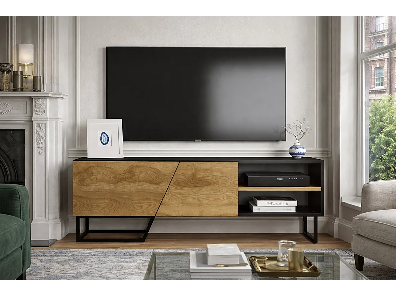 Meuble TV Denasse 150 cm, pied en métal, placards et étagères (Noir et Oud)