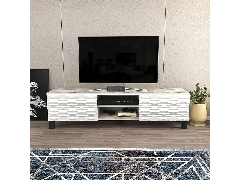 Meuble TV Lukas de 150 cm avec Armoires et Etagères Ouvertes (Effet marbre blanc et blanc)