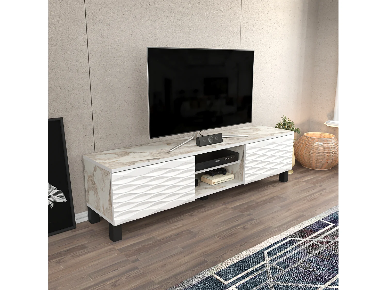 Meuble TV Lukas de 150 cm avec Armoires et Etagères Ouvertes (Effet marbre blanc et blanc)